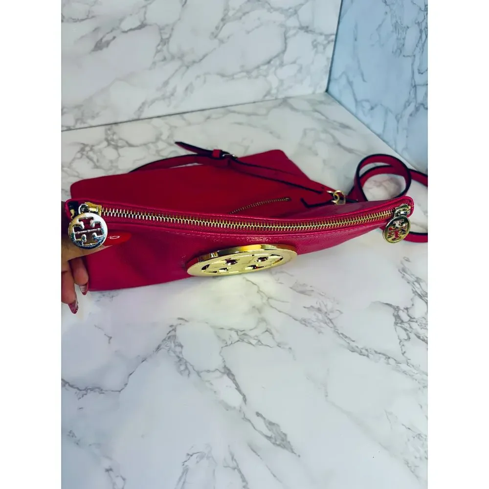 TORY BURCH Amanda Foldover Clutch Crossbody w/Pink Leather w/Golden Accents, EUC